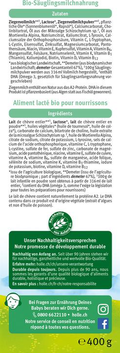 Nutritional values and ingredients Holle Organic starter milk PRE made from goat's milk (460 g, from birth)