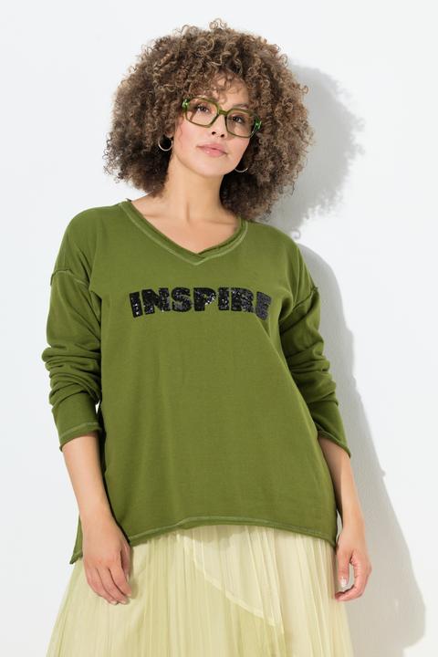 Produktbild Ulla Popken Sweatshirt, Pailletten-Schriftzug, V-Ausschnitt, Langarm (54)