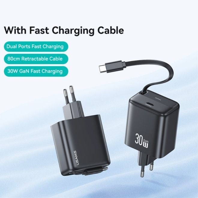 Produktbild Usams Ład. siec. 1xUSB-C ze zwijanym kablem USB-C Retractable PD+QC 30W Gan Fast Charging czarny/bla (30 W)