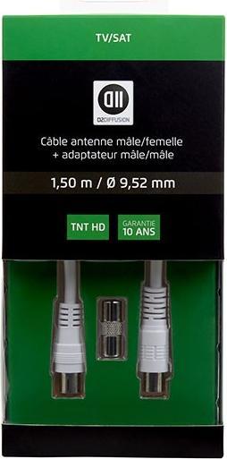 Actual product image D2 Diffusion C ble Coaxial m le/femelle 9.52 mm +adaptateur m le/m le 1.50 m,Blanc (Antenna cable)