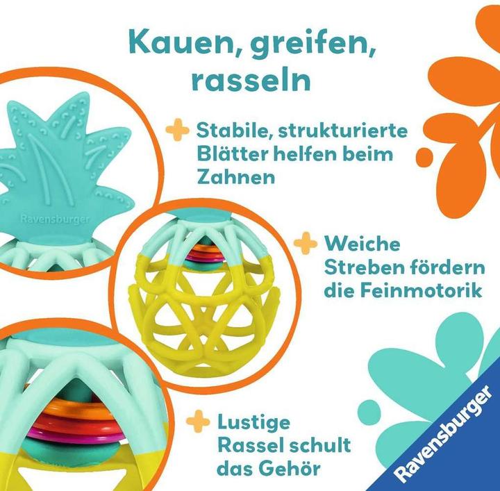 Actual product image Ravensburger 4869 play+ rattle clutching toy: pineapple, teething aid, silicone baby toy from 0