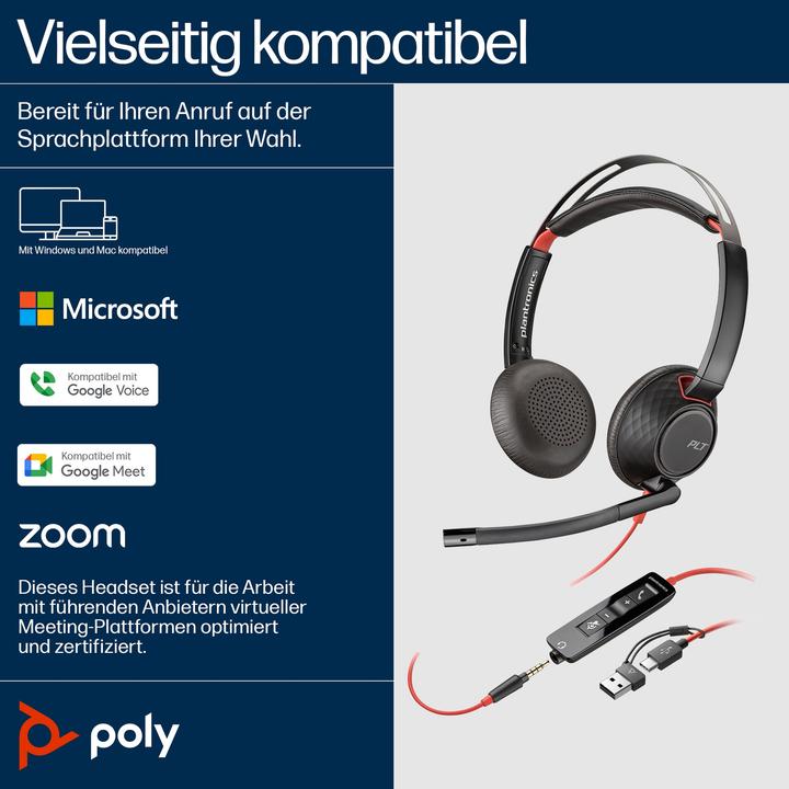 Produktbild Poly Blackwire 5220 + 3.5-mm-Stecker + USB-C/A-Adapter (Kabelgebunden, USB-A, Cisco, Microsoft Teams, Skype, Zoom)