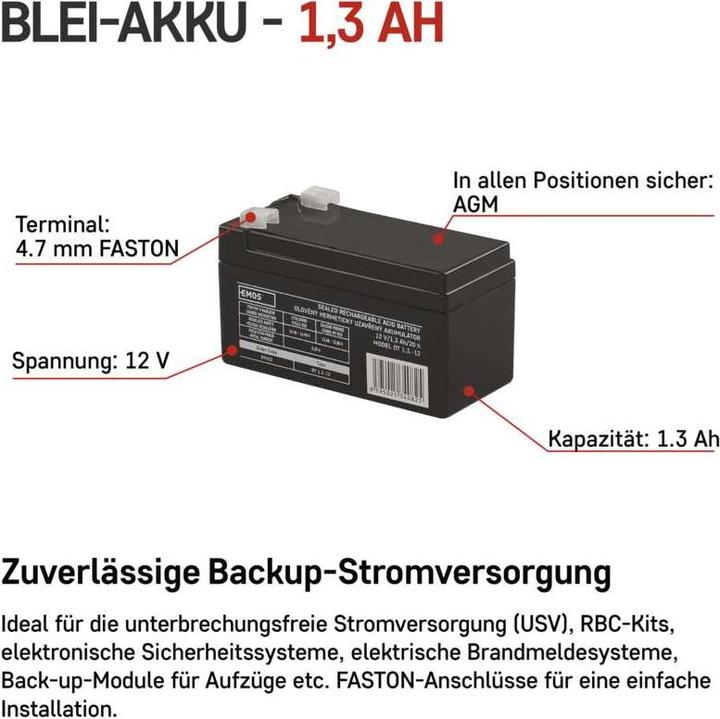 Immagine prodotto Emos Wartungsfreier Blei-Akku 12 V/1,3 (12 V, 1.30 Ah)
