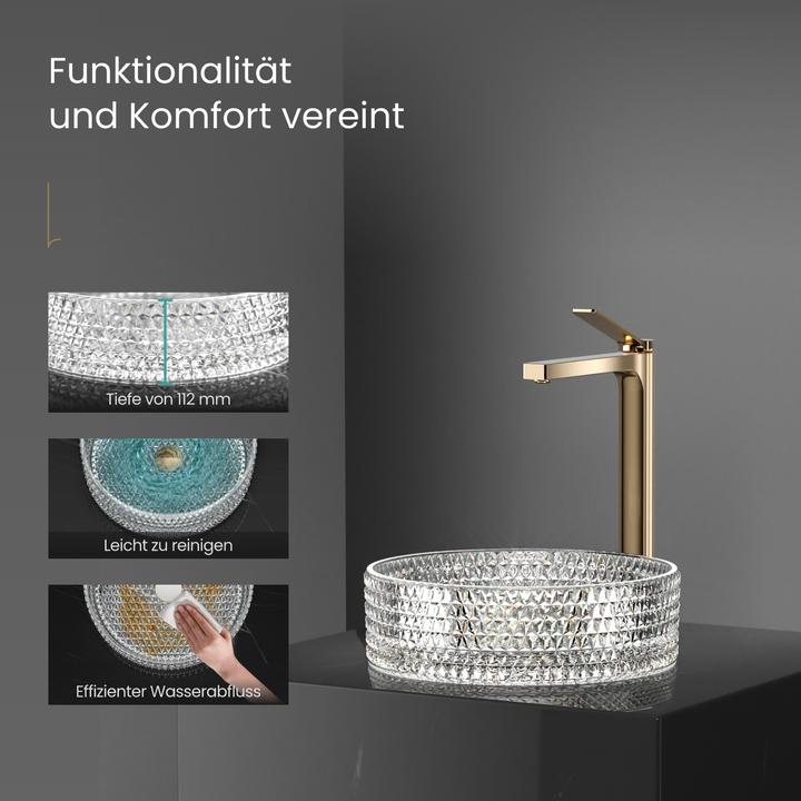 Actual product image Emke Countertop washbasin, 360 x 360 x 112 mm, clear glass sink, Round countertop washbasin (360 mm, 360 mm)
