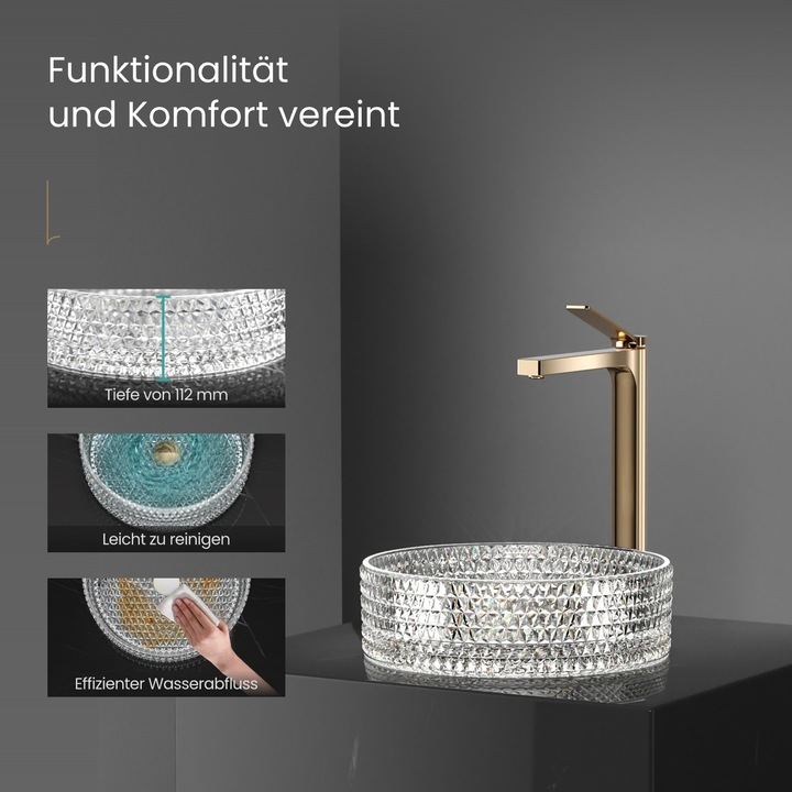 Immagine prodotto Emke Lavabo da appoggio, 360 x 360 x 112 mm, lavabo in vetro trasparente, Lavabo da appoggio rotondo (360 mm, 360 mm)