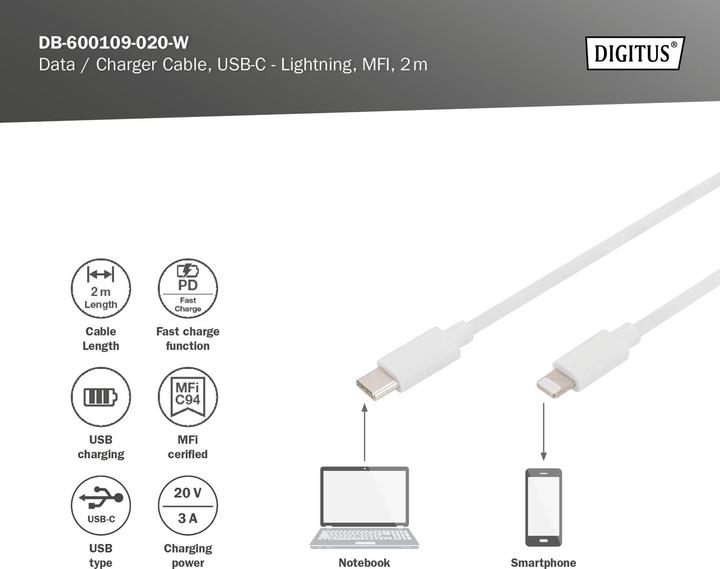 Image du produit Digitus USB type C - Lightning (2 m, USB 2.0, 18 W)
