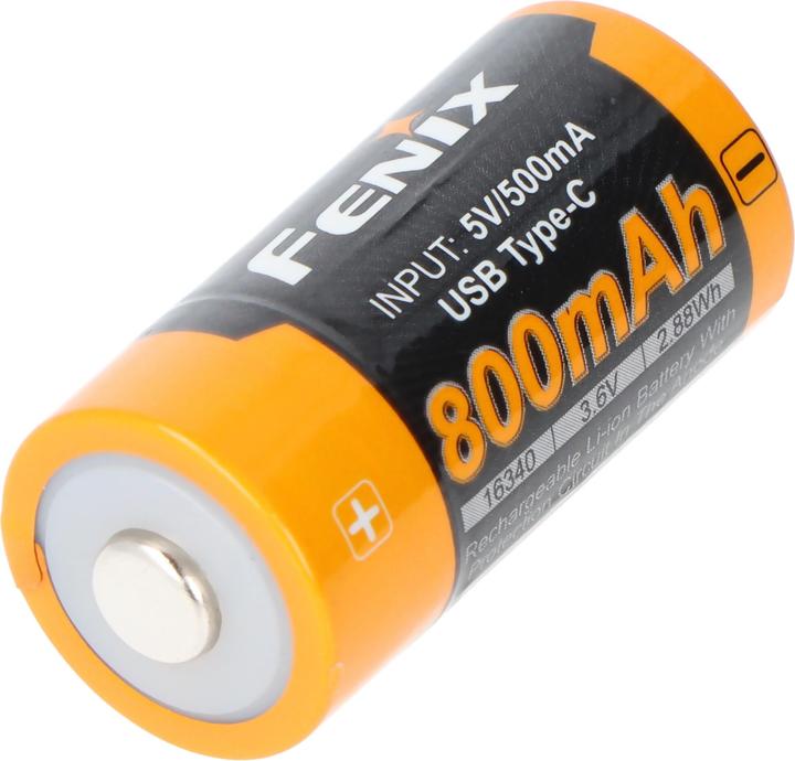 Actual product image Fenix ARB-L16-800UP protected Li-Ion battery 16340 RC123A, 800mAh, with USB-C charging socket