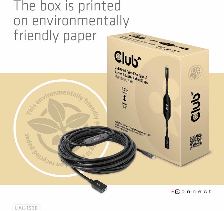 Produktbild Club 3D Club3D Kabel USB 3.2 Typ C <> USB Typ A St/Bu (10 m, USB 3.2 Gen 1)