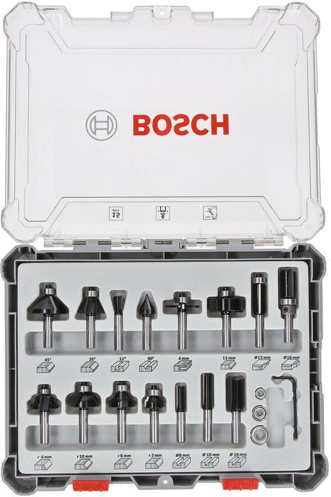 Bosch Professional Zubehör 15-teiliges Fräser-Set, 6-mm-Schaft für Handfräsen