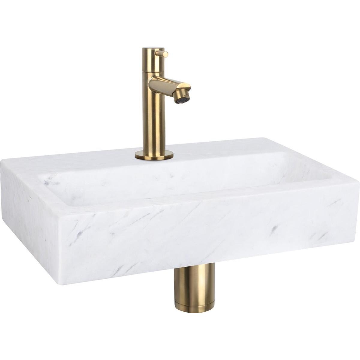 Differnz, Lavandino, Tariffa flat - Wasbak Marmer - Wit - Rechte Kraan - Mat Goud - Standaard Greep - 38 x 24 x 7 cm (240 mm, 380 mm)