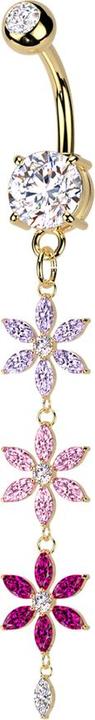 Actual product image Hollywood Body Jewelry Banane vergoldet mit zwei Kugeln Kristall silber Anhänger drei farbige Kristallblumen (Brass, Surgical steel 316L)