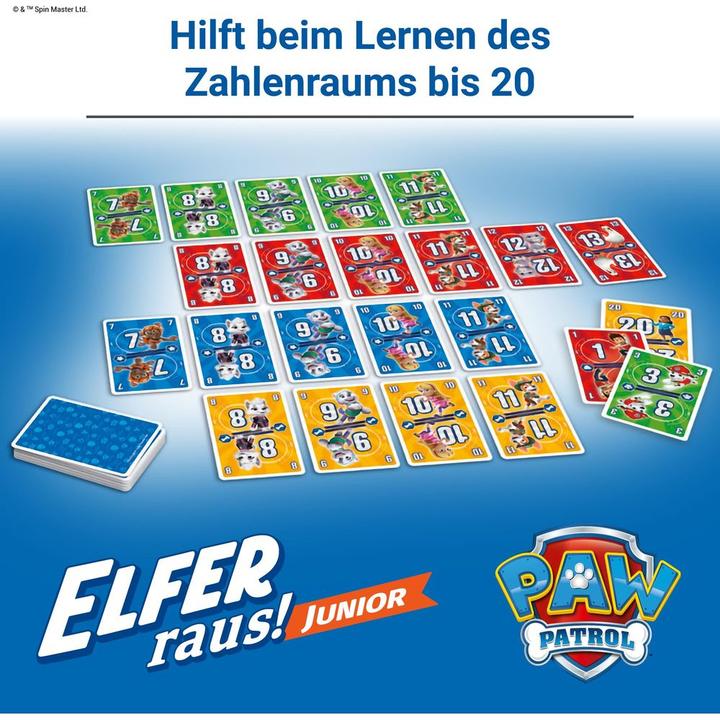 Immagine prodotto Ravensburger 20953 PAW Patrol Elfer raus! Junior - Semplice gioco di carte per 2-6 giocatori 5+ (Francese, Italiano, Tedesco, 2 - 6 Giocatori)