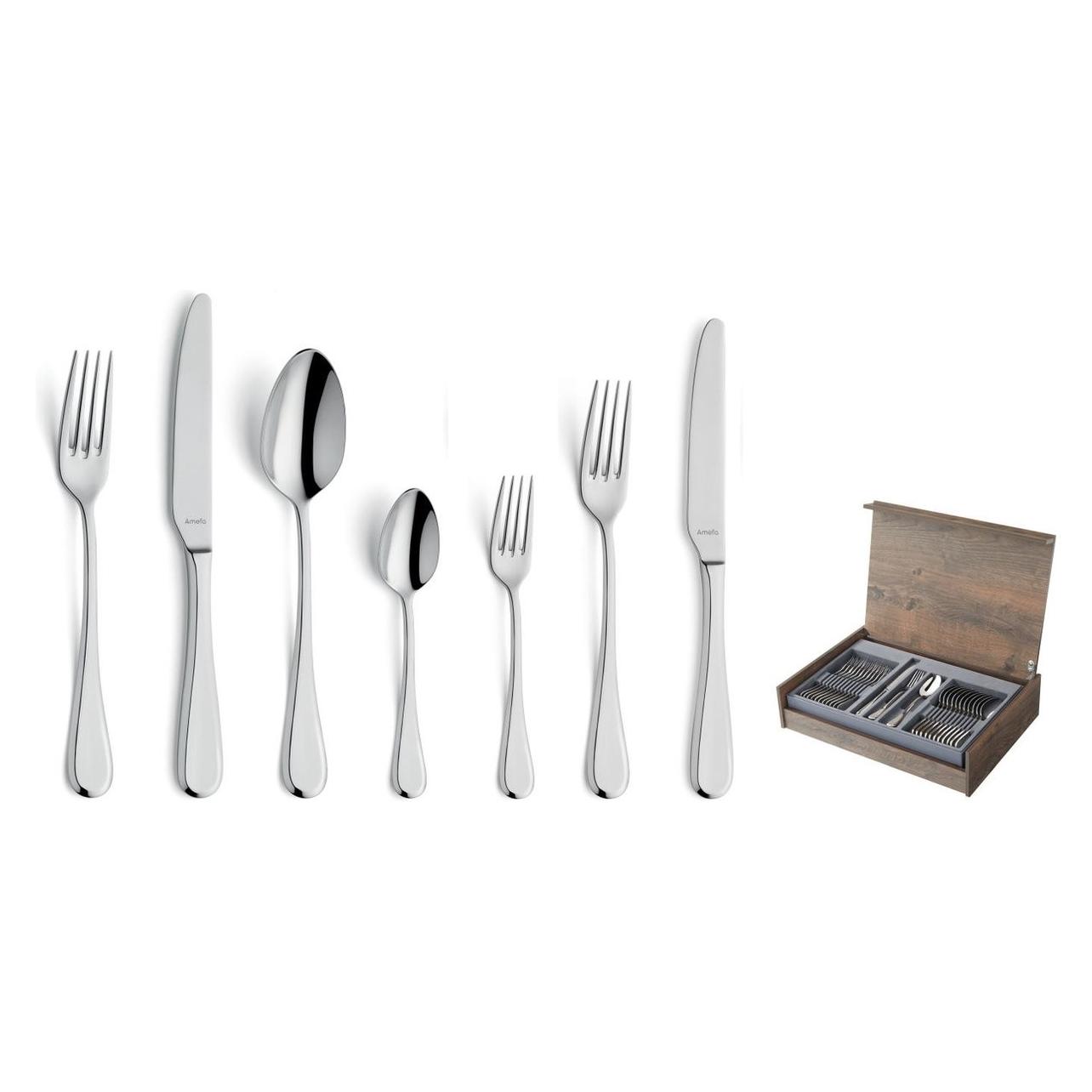 Amefa - Drift 84-delige Bestekset In Luxe Houten Kist - 12 Personen - Zilver - Rvs (805000MDF2L45), Bestek, Zilver