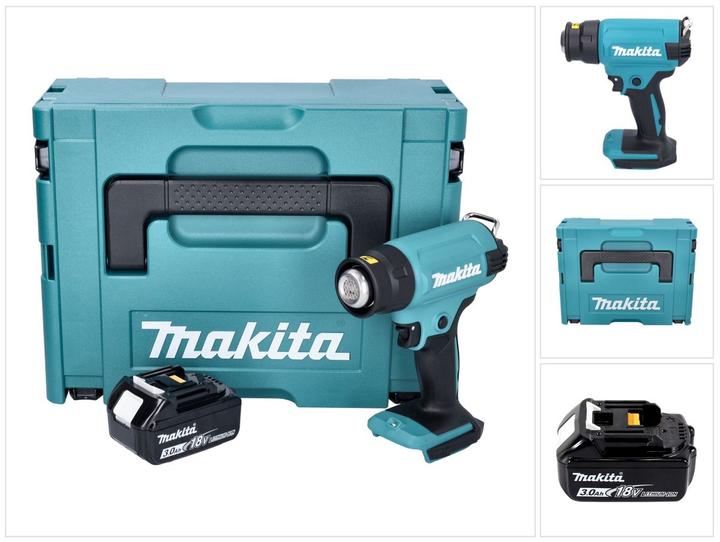 1x Makita DHG 180 pistolet à air chaud sans fil, 1x Makita BL 1830 B 18 V 3,0 Ah batterie, 1x Makita Makpac mallette, 1x insert universel, sans chargeur
