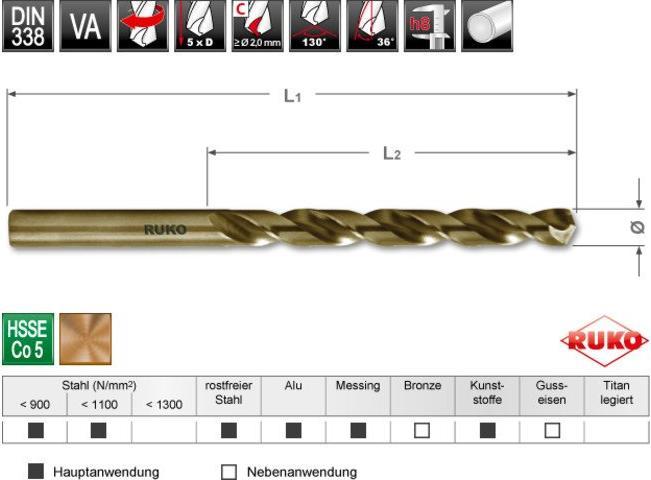 Produktbild Ruko Spiralbohrer DIN 338 Typ INOX Nenn-Ø 5,2 mm HSS-Co5 profilgeschliffen Gold Zylinderschaft 5xD rec... (5.2 Millimeter)