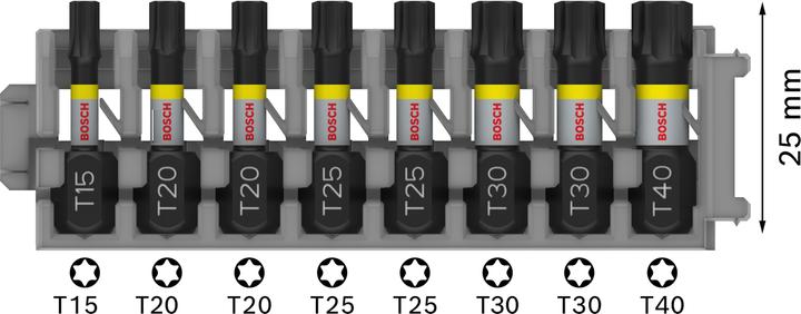 Immagine prodotto Bosch Professional Zubehör PRO Torx Impact Bit, T15, T20(x2), T25(x2), T30(x2), T40, 25 mm, 8 pz. (Scanalatura per la vite)