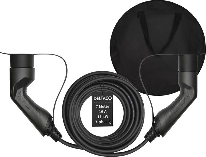 Deltaco EV-3217B + Tasche 3-phasig IEC Typ 2 auf Typ 2 - 16A 11kW, 7m (Typ 2, 11 kW, 16 A, 7 m)