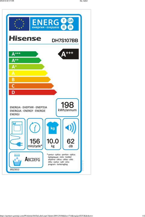 Energie-Label Hisense DH7S107BB (10 kg, Wechselbar)