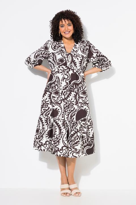 Image du produit Ulla Popken Robe midi motif cachemire, décolleté en V et manches 3/4, coupe évasée (58)