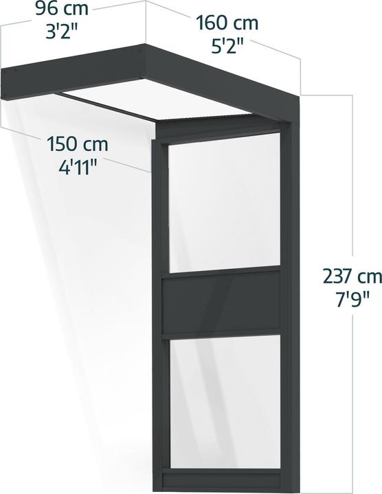 Actual product image Palram CANOPIA | Sophia 3X5 / 1X1.6 Door Awning + SIDEWALL Dark Grey Structure / White Opal Panels