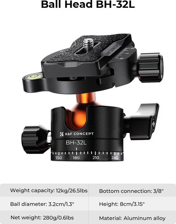 Actual product image K&F Concept K255A7+BH-32L Magnesium Aluminum Alloy Tripod (Metal)