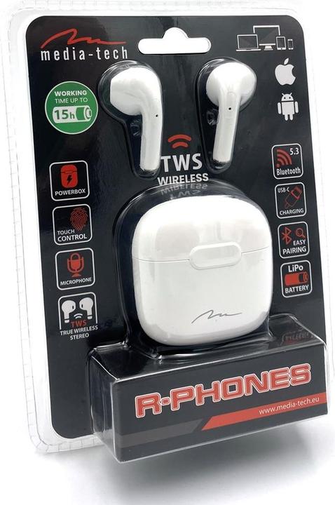 Image du produit Media-Tech MT3589W R-Phones TWS blanc (Pas de réduction du bruit, 1.50 h, Sans fil)