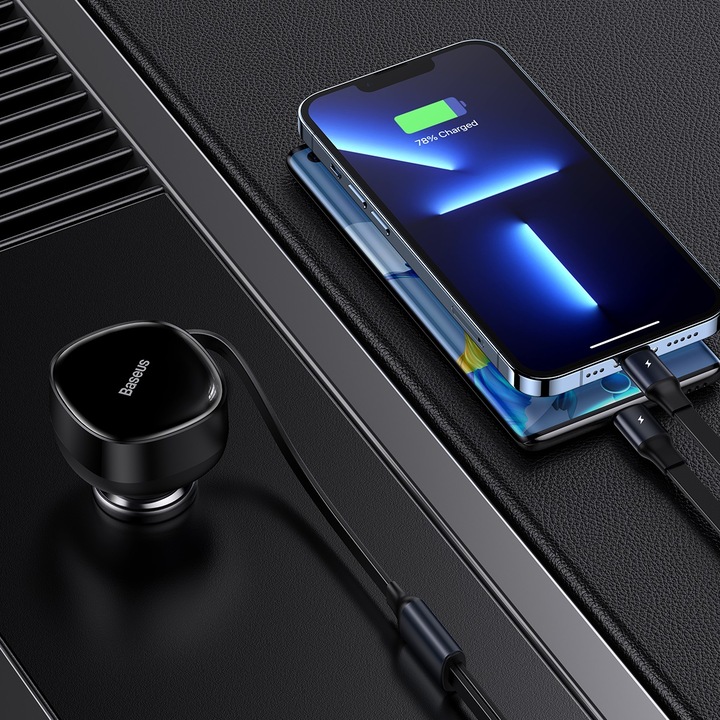 Actual product image Baseus Enjoyment Car Charger with cable USB-C + Lightning 3A, 30W (Black)