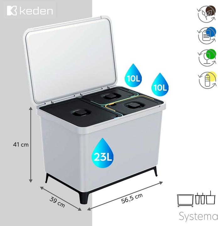 Produktbild GCS Keden Abfallbehälter Systema 23L + 2x10L - Glattes Grau (43 l)