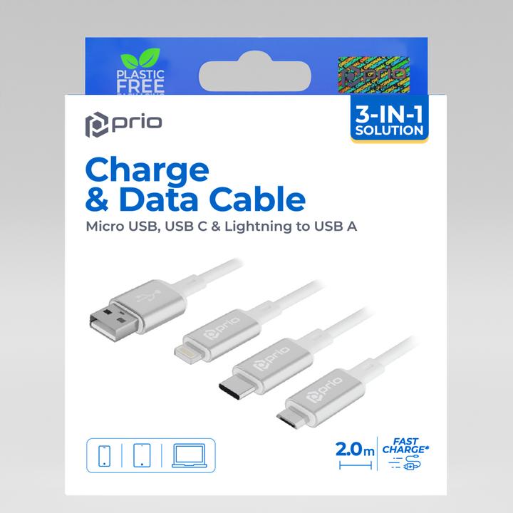 Actual product image prio 3in1 Micro USB & USB C & Lightning to USB A Cable 3A 2m white (2 m)