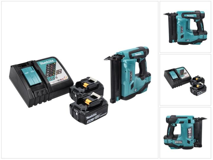 1x Makita DBN 500 cordless upright nailer, 2x Makita BL 1840 B 18 V 4.0 Ah battery, 1x Makita DC 18 RC battery charger