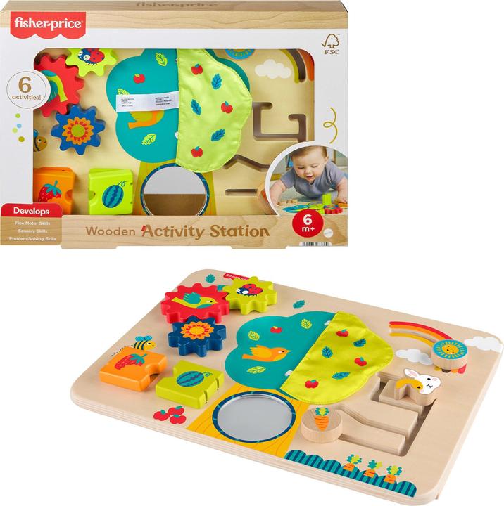 Actual product image Fisher-Price Wooden Activity Station Baby Busy Board Toy for Developmental Play, 1 Wood Piece