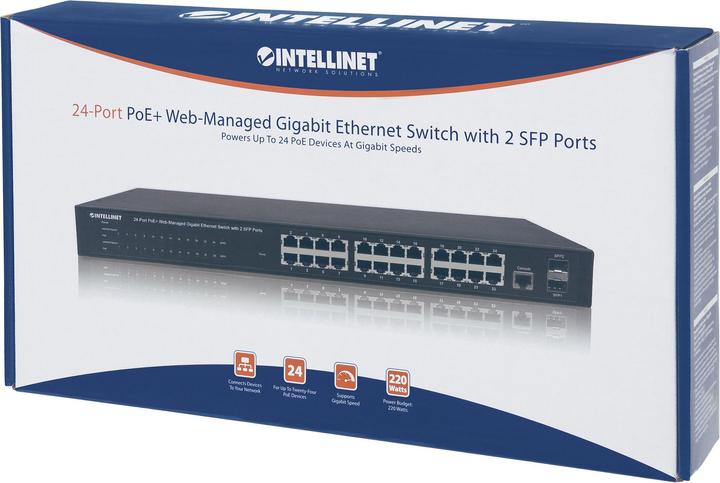 Produktbild Intellinet 24-Port PoE Gigabit Switch Web-Managed 2 GBIC SFP Ports Ausgangsleistung bis zu 30 Watt pro Port... (24 Ports)