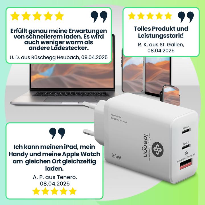 Produktbild Ideoon USB Ladegerät, 3 Ports, 65Watt, 2x USB-C und 1x USB-A, PD- & QC-Netzteil, weiss, GaN II (65 W, 3 Ports)