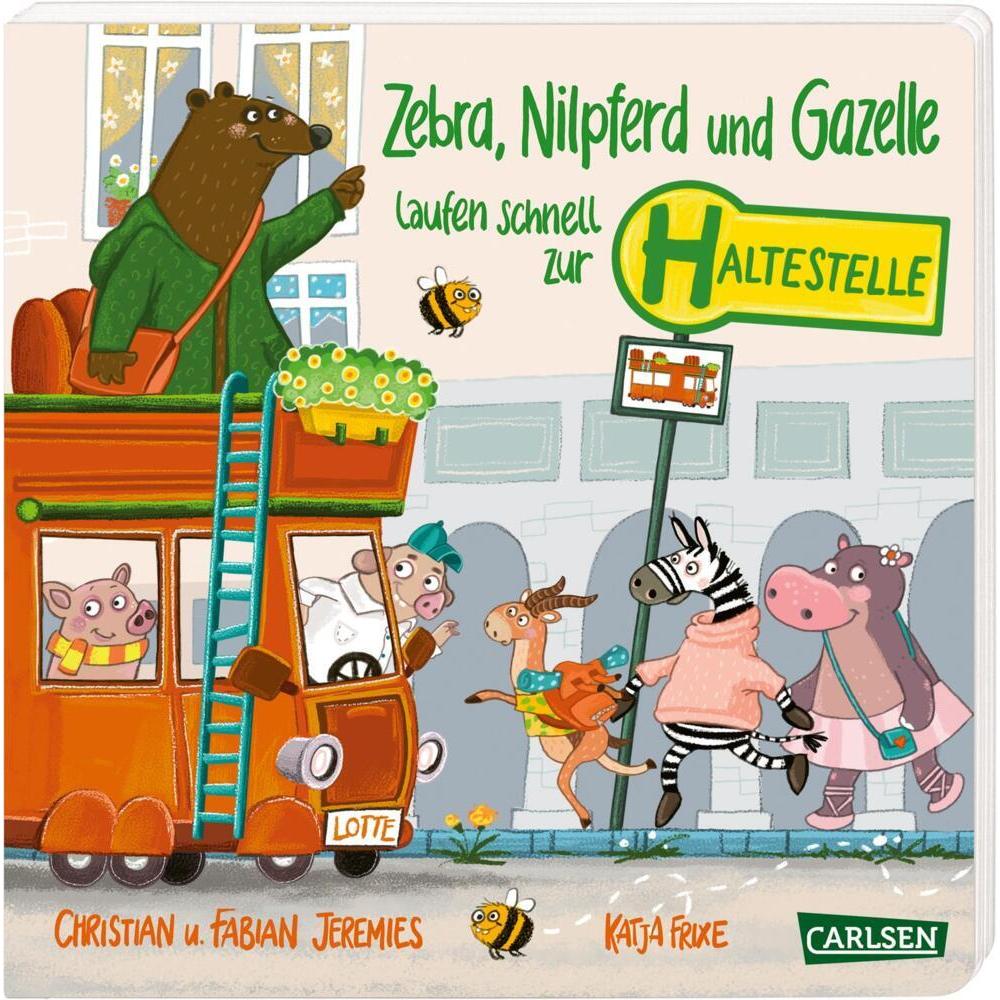 Thumbnail - Carlsen, Babybücher, Zebra, Nilpferd und Gazelle laufen schnell zur... Haltestelle! (Deutsch)