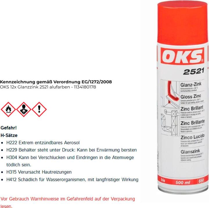 Immagine prodotto Oks Zinco brillante spray 400ml 2521 fino a 240 gradi (400 ml, colore alluminio)