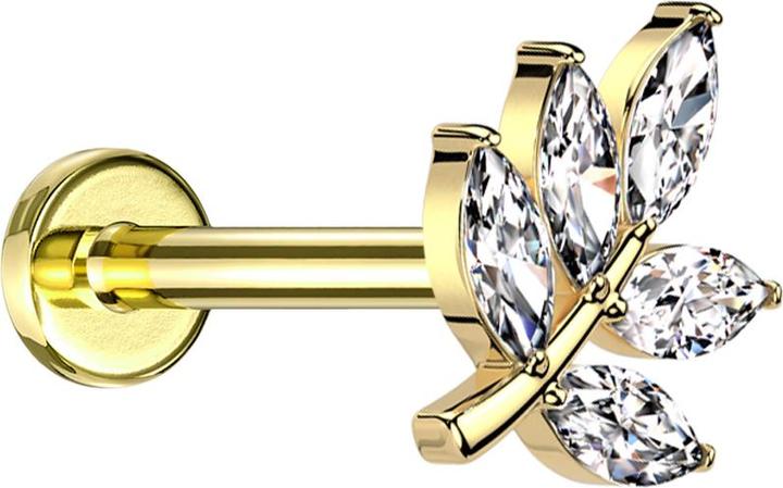 Actual product image Star Piercing Micro Threadless Labret vergoldet Blatt vergoldet fünf Ovale Kristalle silber (Brass, Surgical steel 316L)