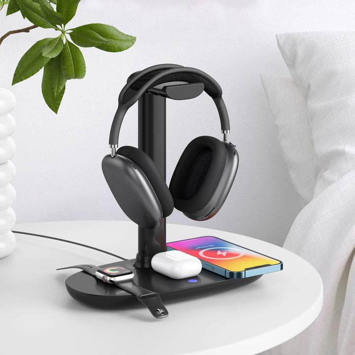 Produktbild PhoneLook 4 in 1 moderne 30W Ladestation wireless mit Kopfhörerhalterung für AirPods Max, iPhone, AppleWatch (30 W)
