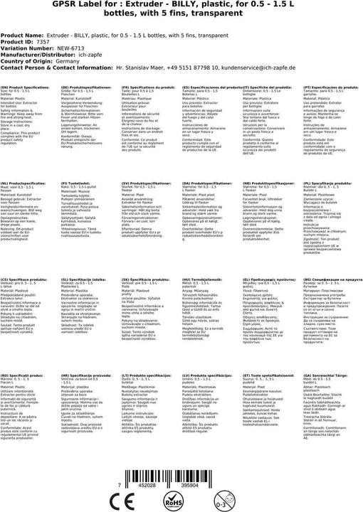 Nährwerte und Zutaten Ich-zapfe BILLY - Kunststoff-Ausgiesser für 0,5 - 1,5 lt. Flaschen - Transparent - Mit 5 Lamellen (Dosierer + Ausgiesser)