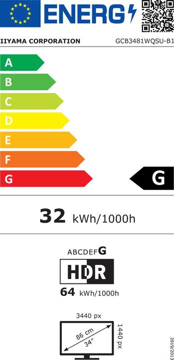 Energy Label iiyama 34" CURVED QHD 180Hz / HAS (3440 x 1440 pixels, 34")