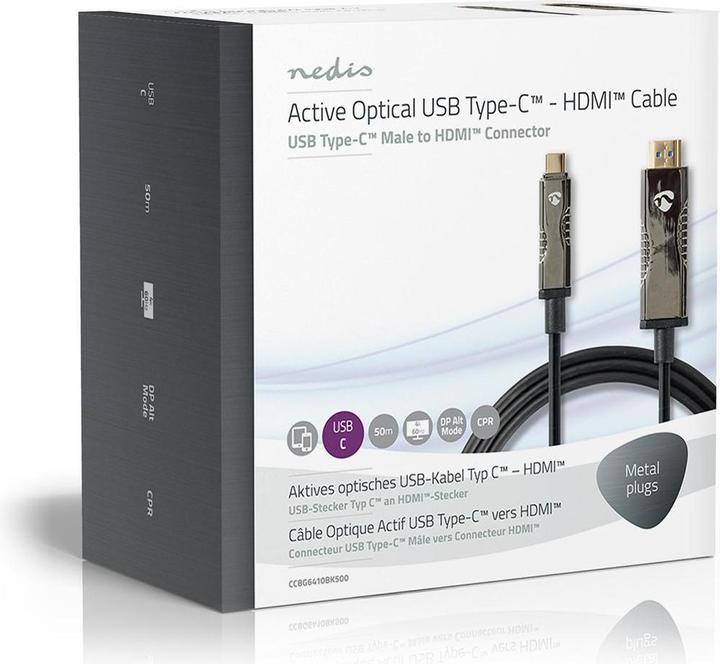 Actual product image Nedis Optical USB cable (active) USB-CT plug HDMIT plug 18 Gbps 50.0 m round PVC Black Carto (50 m, USB Type C)