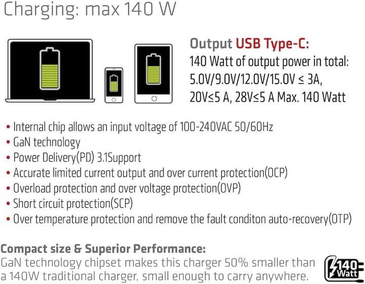 Productafbeelding Club 3D Club3D Lader 1xUSB Type C, PD 140W detailhandel (140 W, 1 portie)