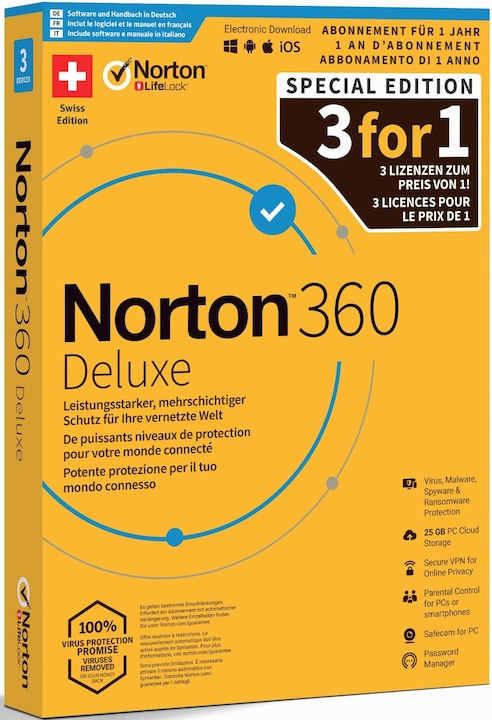 Immagine prodotto Norton 360 Deluxe - Box promozionale, 3 dispositivi, 1 anno (3 Utente, 12 mesi)
