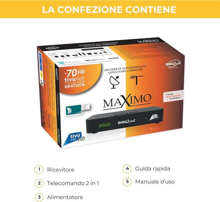 Actual product image Digiquest Tivùsat Maximo Combo Receiver with DVB-S2 and DVB-T2, Recording, DAZN Channels, Smartcard (DVB-S2, DVB-T2)