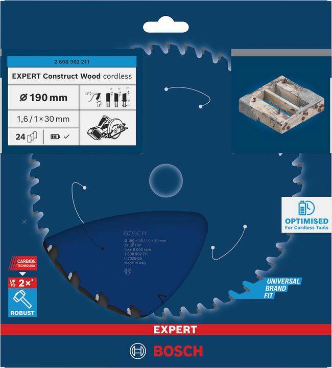 Productafbeelding DeWalt Bosch 2608902211 EXPERT cirkelzaagblad - 190 x 30 x 24T - hout