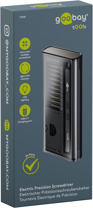 Actual product image Goobay Elektrischer Schraubendreher mit 20-tlg. Präzisions-Bitsatz (Hexagon socket round, Phillipps cross recess (PH), Tri-wing)