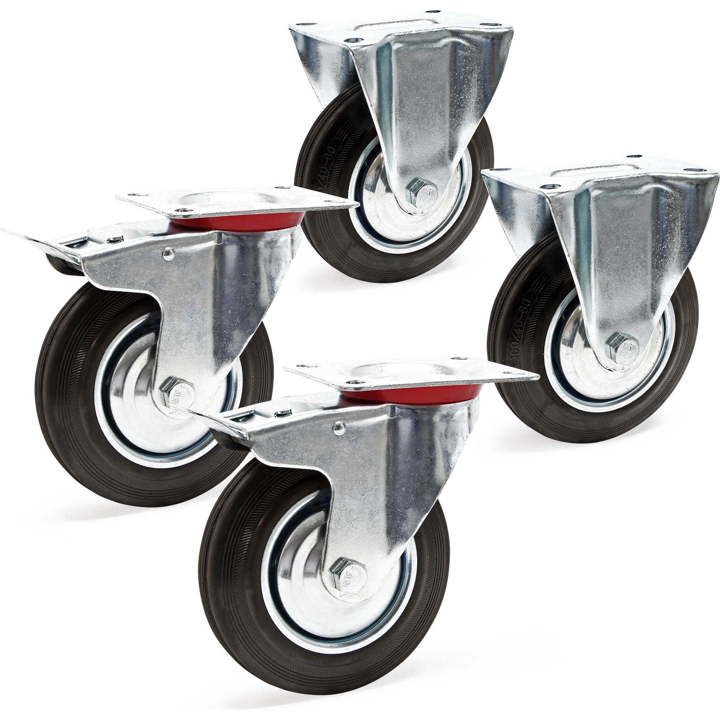 Wiltec, Möbelrollen, Transportrolle Set 2x Doppelstopp-Lenkrolle 2x Bockrolle Vollgummi 160mm 130kg