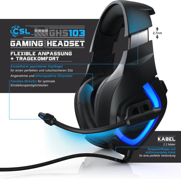 Produktbild CSL Gaming Headset mit Mikrofon, Kopfhörer für Windows/Mac/Linux /PS4/PS4 Pro (Kabelgebunden)
