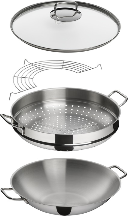 Produktbild WMF Wok Set 4tlg Wokpfanne 36cm 4,5l Glasdeckel Induktion Edelstahl (36 cm, Wok Pfanne, Edelstahl)