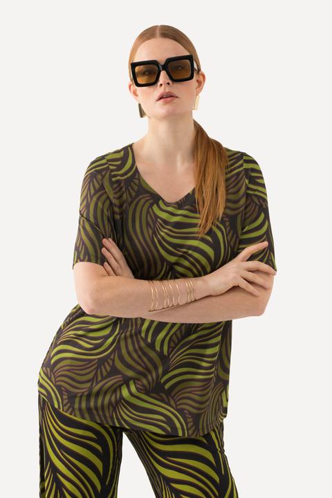 Immagine prodotto Ulla Popken Maglia in tessuto fluente con foglie di palma, scollo a cuore e mezze maniche (42, 44)
