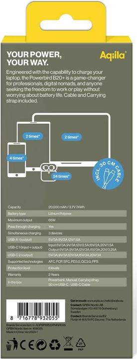Actual product image Aqiila Powerbird B20B+ - Powerbank 20000 mAh, 65W - Black (20000 mAh, 65 W, 74 Wh)